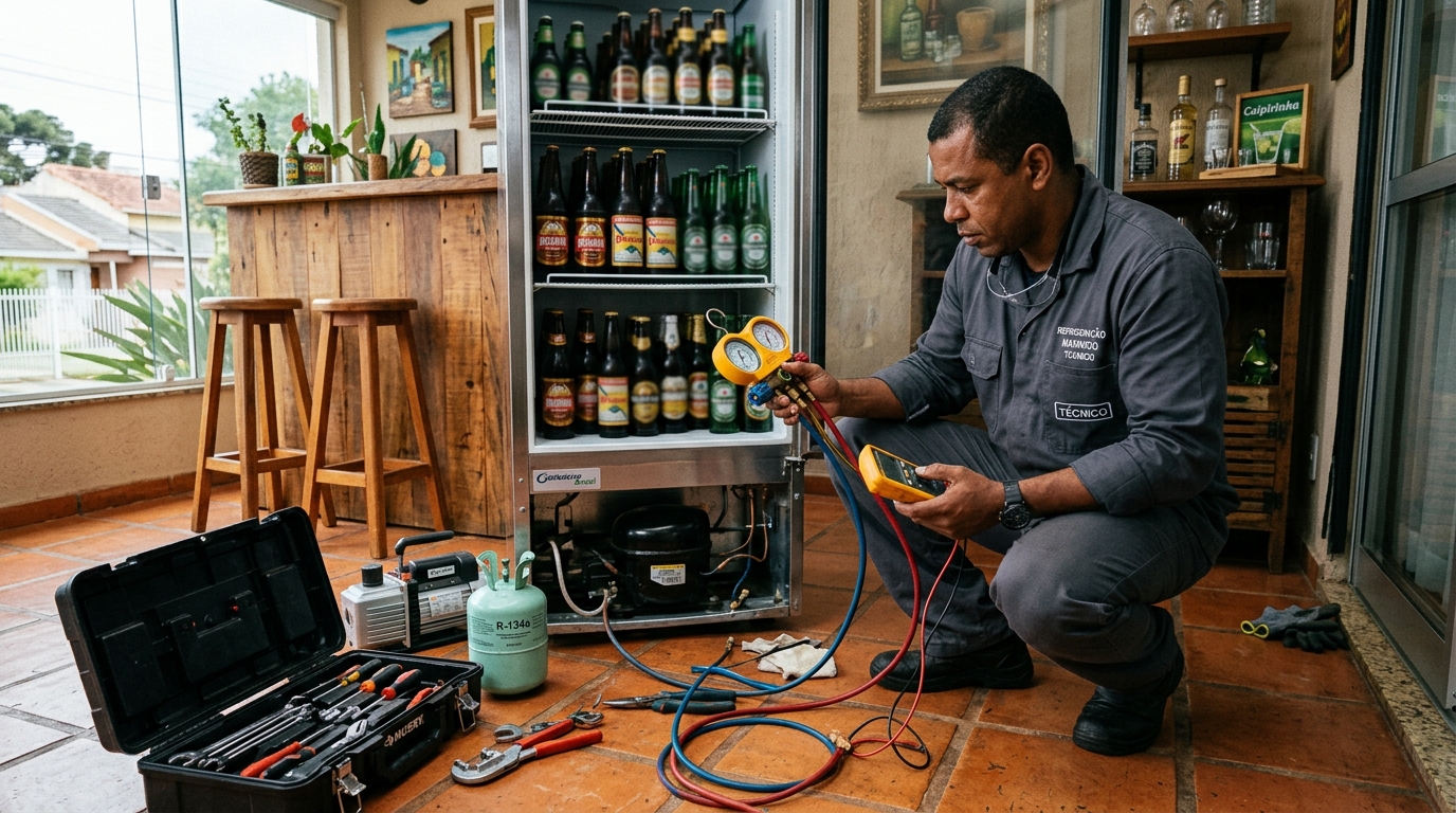 Técnico conferindo a temperatura de uma cervejeira durante atendimento em Salvador‑BA