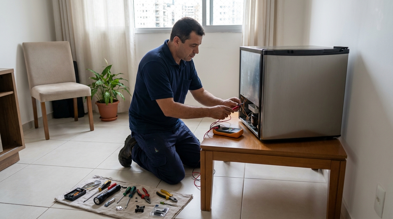 Técnico avaliando um frigobar compacto durante atendimento em Salvador‑BA